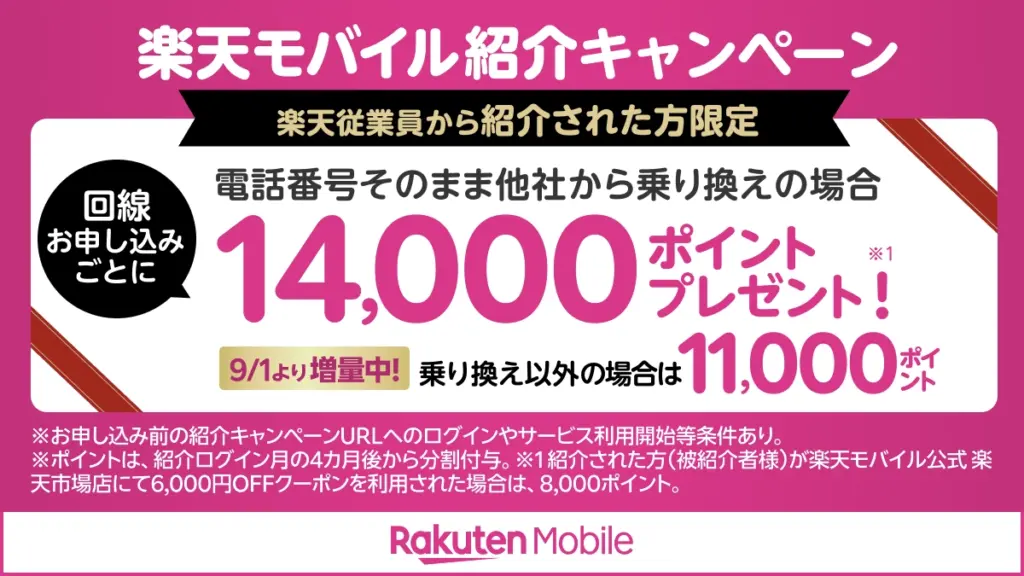 楽天モバイル従業員紹介キャンペーン。MNP14,000ポイント、新規11,000ポイントに増量中（2025年9月1日更新）